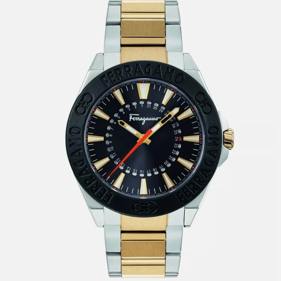 Ferragamo Black Face Mens 43mm Two Tone Watch! WOW - Picture 1 of 4